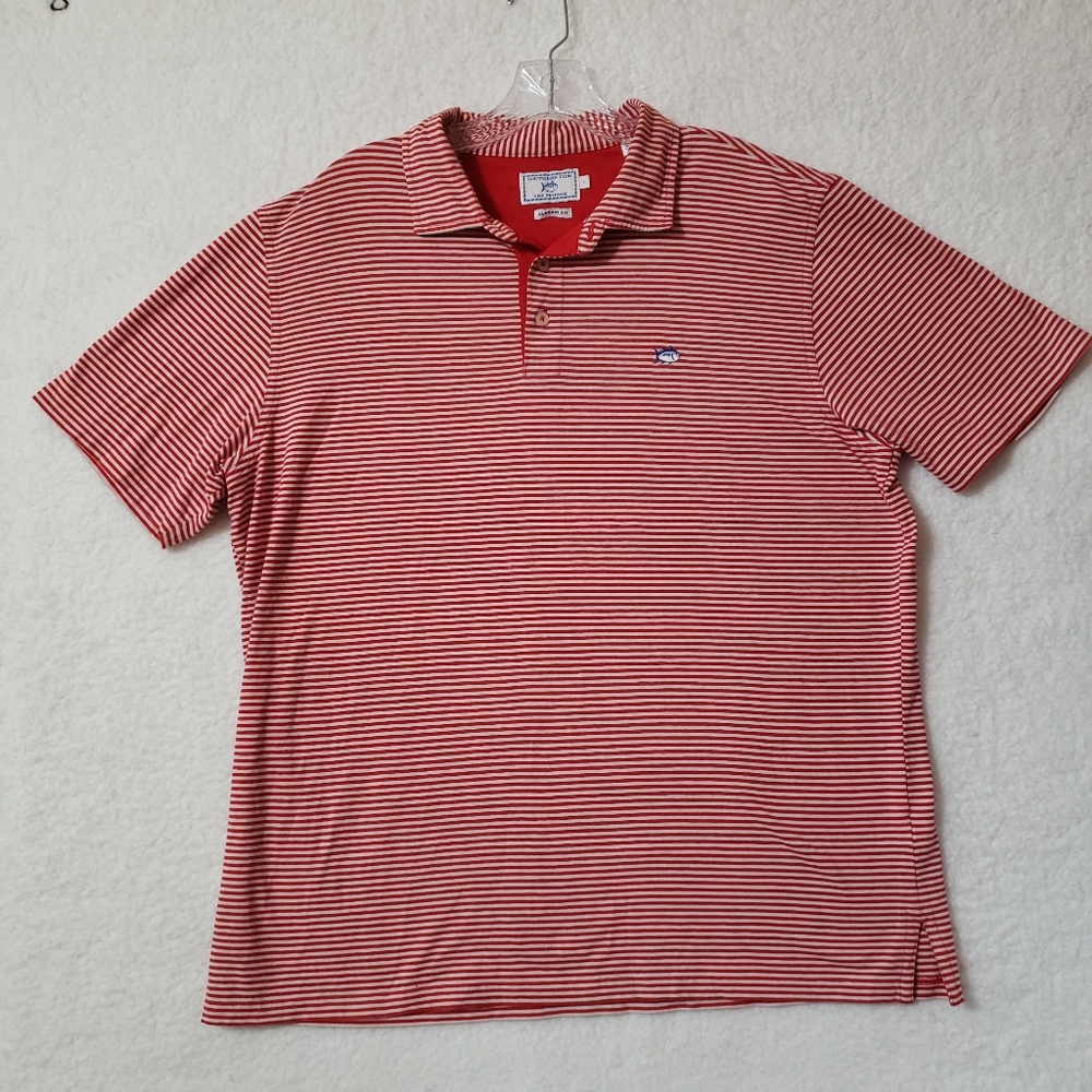 Southern Tide Red and White Striped Polo Shirt